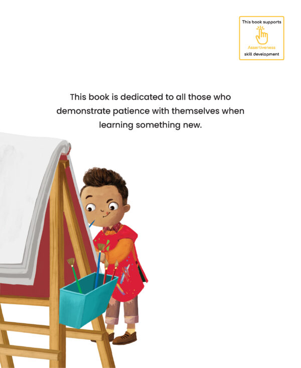 Page preview with illustration of a boy who is painting, and with text "This book is dedicated to all those who demonstrate patience with themselves when learning something new."