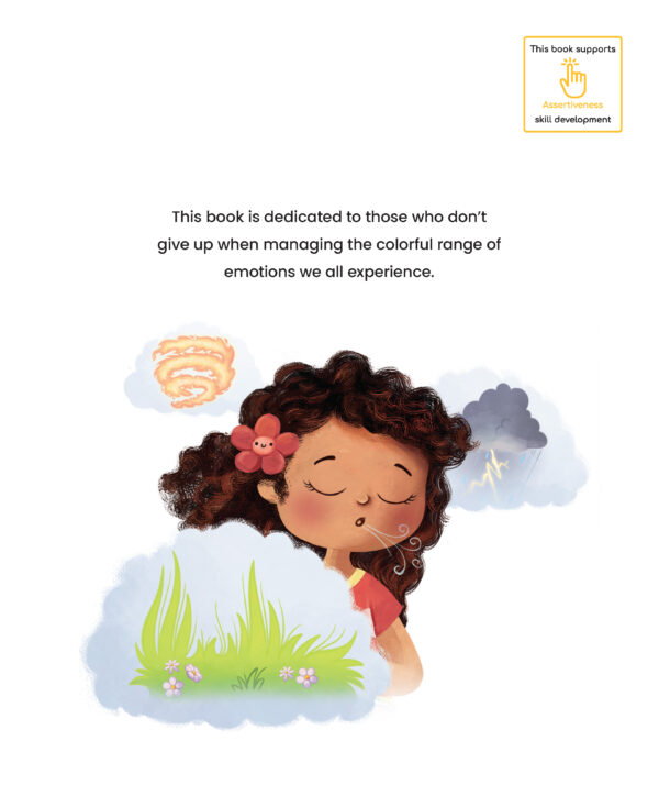 Page preview with illustration of a girl and with text "This book is dedicated to those who don't give up when managing the colorful range of emotions we all experience."