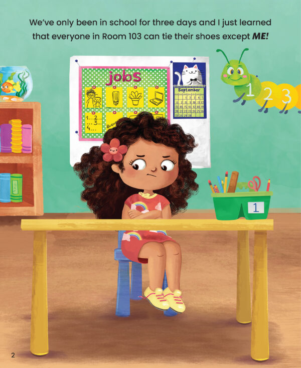 Page preview with illustration of a girl and with text "We've only been in school for three days and I just learned that everyone in Room 103 can tie their shoes except ME!"