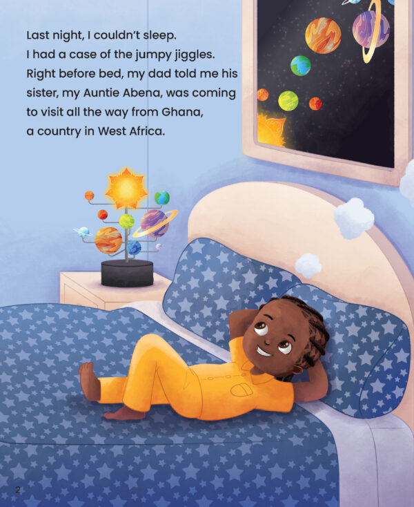 Page preview with illustration of a kid and with the text "Last night, I couldn't sleep. I had a case of the jumpy jiggles. Right before bed, my dad told me his sister..."