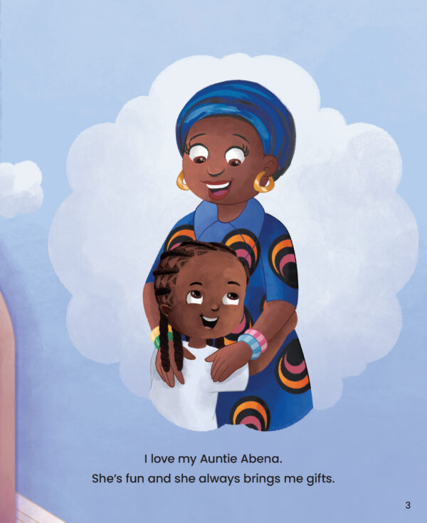 Page preview with illustration of a kid and a woman and with the text "I love my Auntie Abena. She's fun and she always brings me gifts."