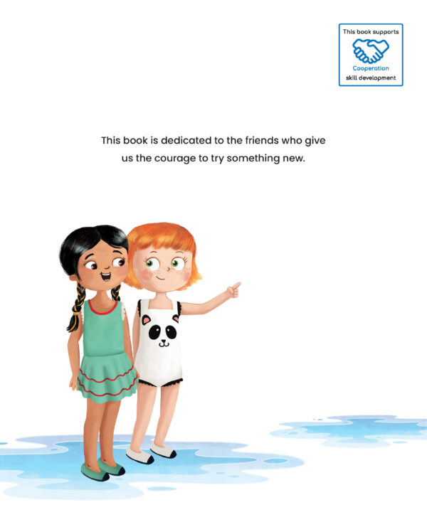 Pre-Order Page with illustration of two girls and text "This book is dedicated to the friends who give us the courage to try something new."