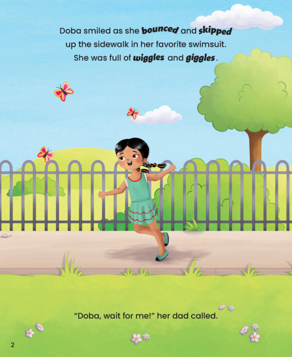 Preview Page with illustration of a girl running with the butterflies and text "Doba smiled as she bounced and skipped up the sidewalk in her favorite swimsuit. She was full of wiggles and giggles."