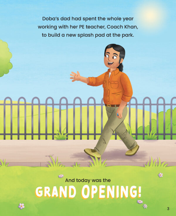 Preview page with the man walking around and text "Doba's dad had spent the whole year working with her PE teacher, Coach Khan, to build a new splash pad at the park."