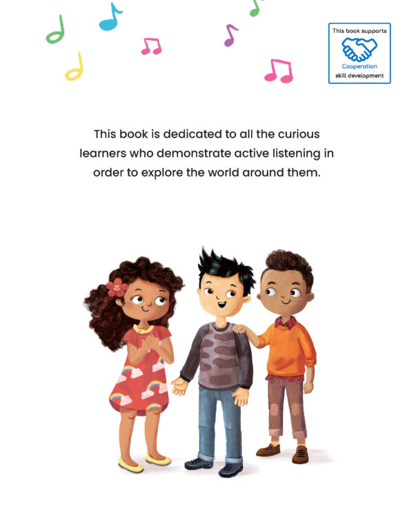 Page preview with illustration of kids and with text "This book is dedicated to all the curious learners who demonstrate active listening in order to explore the worls around them."