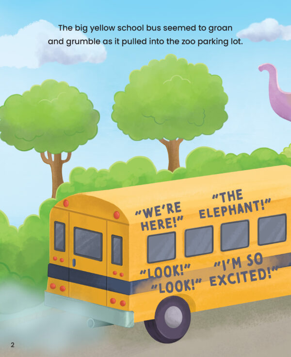 Page preview with illustration of shool bus and with text "The big yellow school bus seemed to groan and grumble as it pulled into the zoo parcing lot."