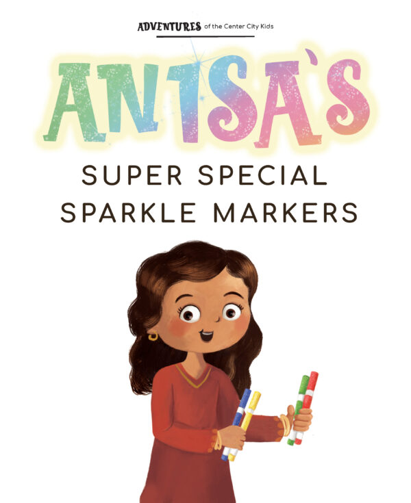 Page preview with illustration of a girl and with text "Anisa's Super Special Sparkle Markers"