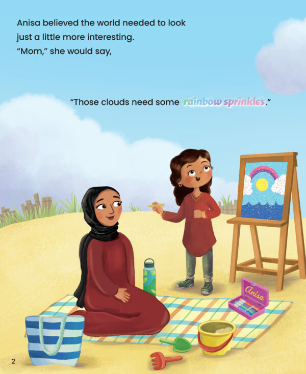 Page preview with illustration of kid and woman on the beach and with text "Anisa believed the world needed to look just a little more interesting. "Mom," she would say, "Those clouds need some rainbow sprinklis.""