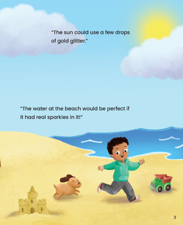 Page preview with illustration of a boy with puppy and with text ""The sun could use a few drops of gold glitter." "The water at the beach would be perfect if it had real sparkles in it!""