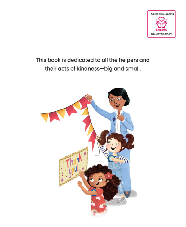 Preview page with illustration of two girls and a woman and also with text "This book is dedicated to all the helpers and their acts of kindness - big and small."