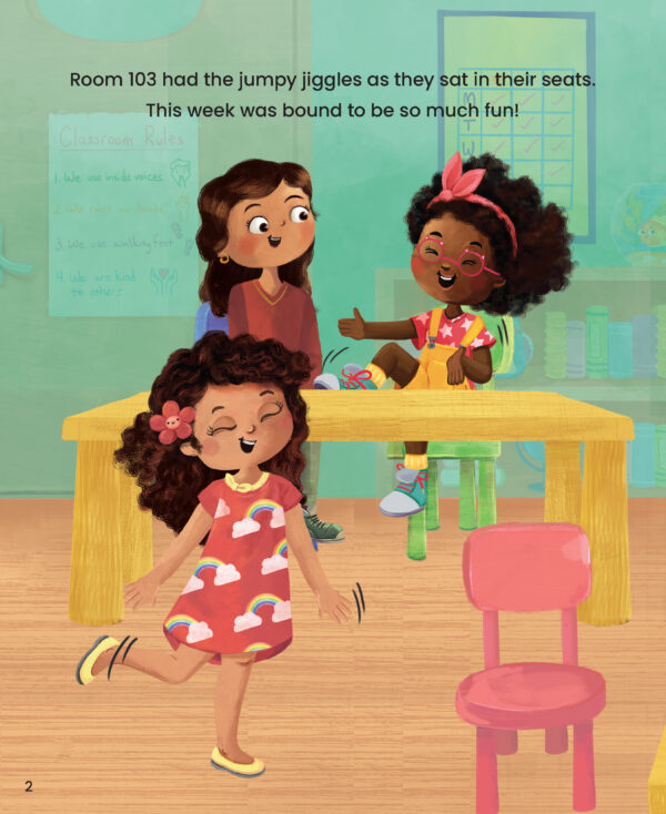 Preview page with illustration of three girls and with text "Room 103 had the jumpy jiggles as they sat in their seats. This week was bound to be so much fun!"