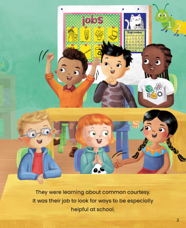Preview page with illustration of kids and with text "They were learning about common courtesy. It was their job to look for ways to be especially helpful at school."