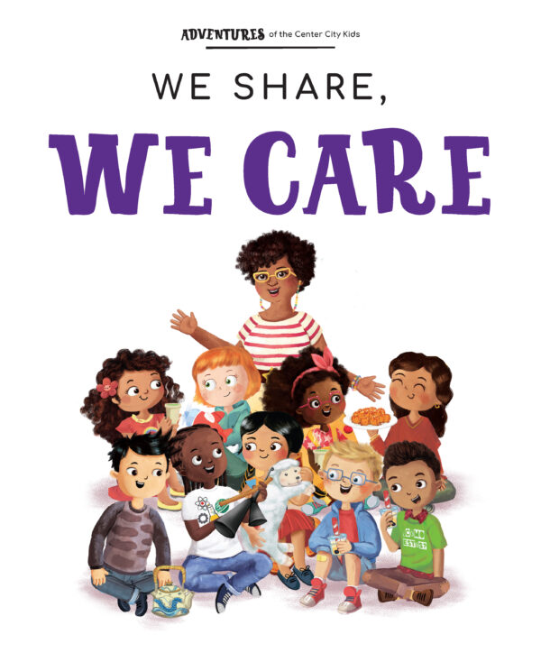 Page preview with illustration of kids with their teacher and with text "We Share, We Care"