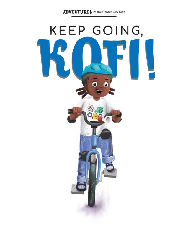Preview Page with illustration of a boy on the bicycle and text "Keep Going, Kofi!"