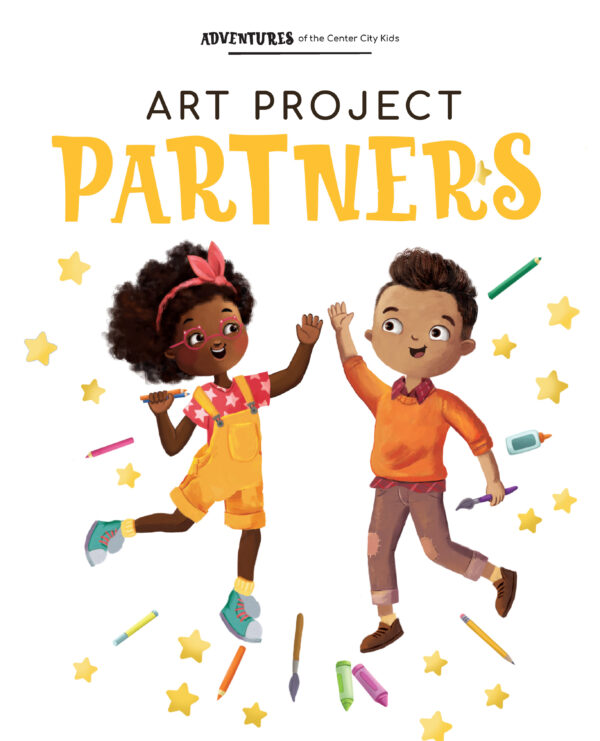 Page preview with illustration happy kids and with text "Art Project Partners"