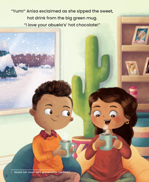 Preview page with illustration of a girl and a boy drinking hot chocolate and text ""Yum!" Anisa exclaimed as she sipped the sweet, hot drink from the big green mug. "I love your abuela's hot chocolate!""
