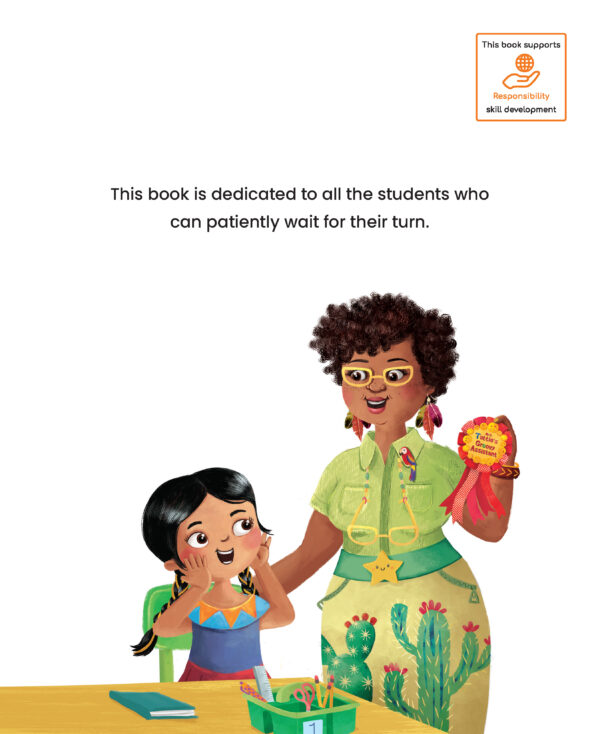 Page preview with illustration of a girl and a woman and with text "This book dedicated to all the students who can patiently wait for their turn."