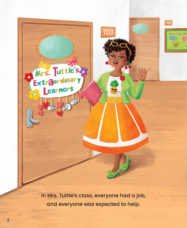 Page preview with illustration of a teacher and with text "In Mrs. Tuttle's class, everyone had a job, and everyone was expected to help."