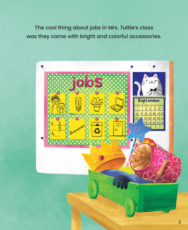 Page preview with illustration of toys and board and with text "The cool thing about jobs in Mrs. Tuttle's class was they came with bright and colorful accessories."