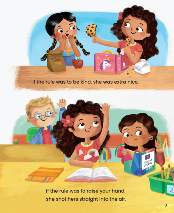 Page preview with the illustration of kids and with text "If the rule was to be kind, she was extra nice. If the rule was to raise you hand, she shot hers straight into the air."