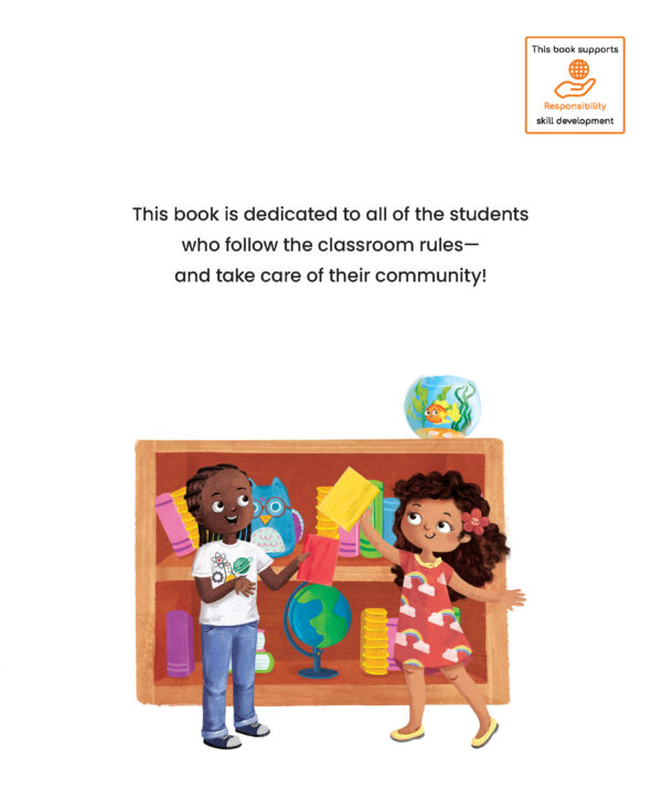 Preview Page with illustration of kids near bookshelf and text "This book is dedicated to all of the students who follow the classroom rules - and take care of their community!"