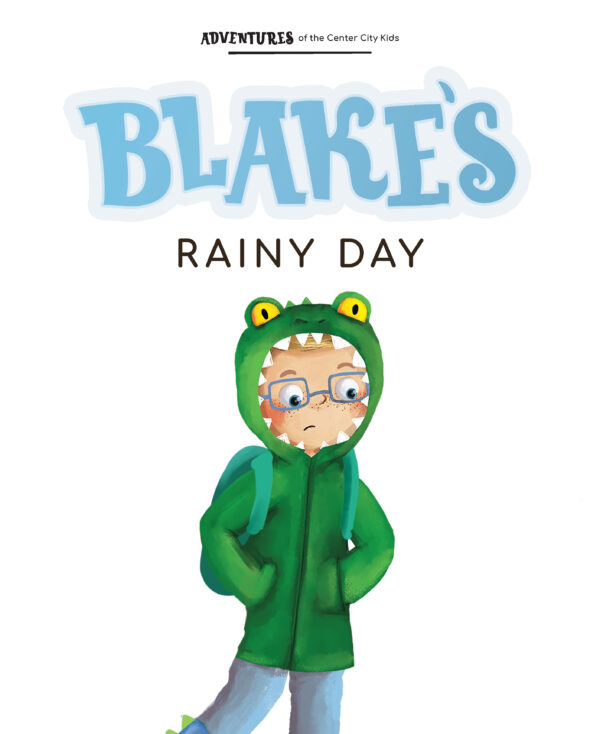 Page preview with illustration of a boy and with text "Blake's Rainy Day"