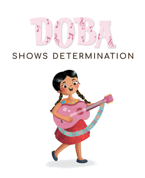 Page preview with illustration of a girl, and with text "Doba Shows Determination"