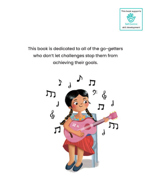 Page preview with illustration of a girl, and with text "This book is dedicated to all of the go-getters who don't let challenges stop them from achieving their goals."