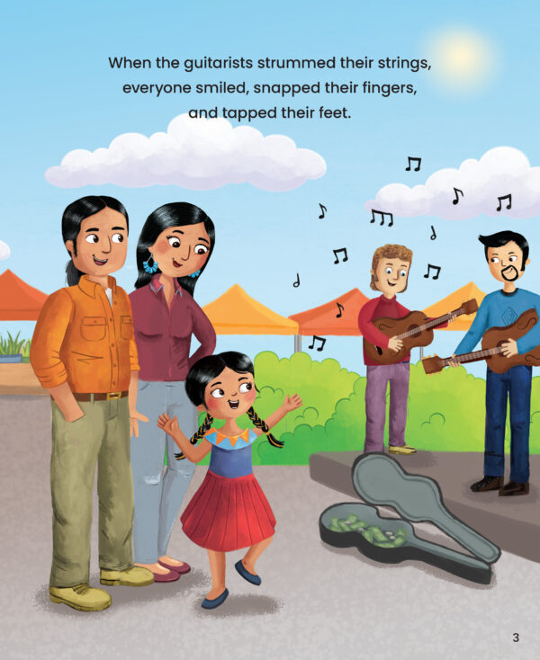 Page preview with illustration of people, and with text "When the guitarists strummed their strings, everyone smiled, snapped their fingers, and tapped their feet."